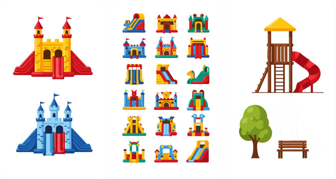 
Colorful inflatable bounce castle and kids playground set featuring slides, trampolines, towers and outdoor play equipment illustrations