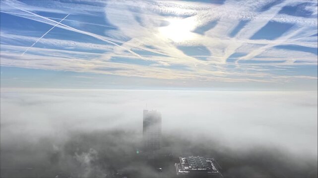 Drone Flight Over Foggy Basingstoke at Sunrise, UK