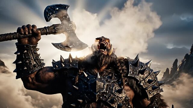 Powerful Orc Warrior Wielding Battle Axe in Fiery Smoke and Dramatic Sky