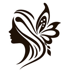 Obraz premium Graceful black silhouette of a woman's face with flowing hair transformed into butterfly wings and floral swirls on white background. Beauty and fantasy concept.