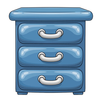 Blue bedside table with three drawers and silver handles, cartoon style