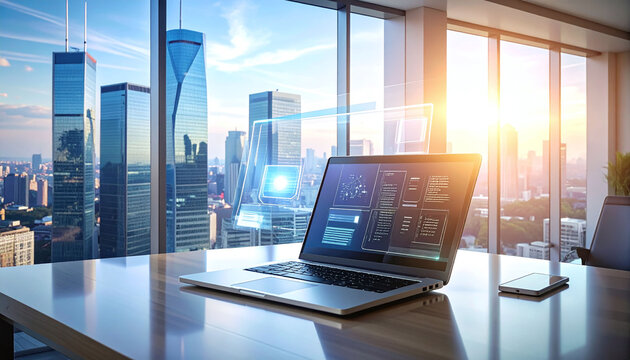 Futuristic laptop displaying holographic data screens in a sleek office overlooking a sunset city skyline. Perfect for visualising digital innovation, cloud computing, and business.