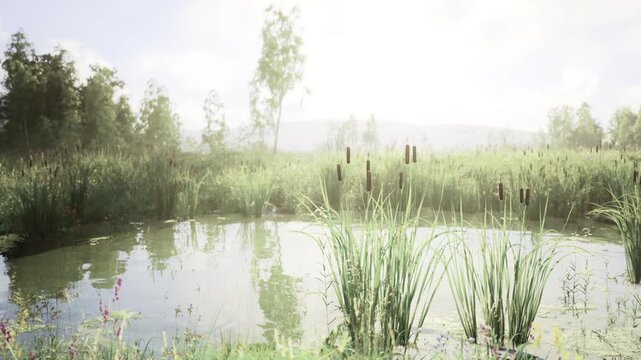 Sunlit reeds with sparkling water, bright daytime light casting crisp reflections, lush grasses and scattered wildflowers, open sky and distant tree line,