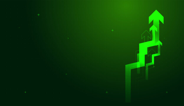 The glowing green arrow leads the way, acting as a visual metaphor for long-term success. and High-tech arrows visualize a sharp rise in market value, perfect for modern finance