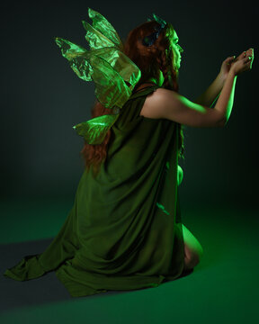 portrait of female model wearing fantasy fairy costume, green dress, cloak, butterfly wings and crown. full length sitting pose, kneeling on floor, dark studio background.
