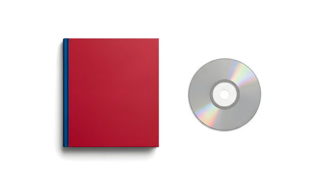 A vibrant red book and a blank cd on a white background