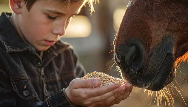 Captured in warm golden hour light, a young boy feeds grain to a brown horse from his cupped hands, beautifully symbolizing trust and friendship. Ideal for rural and farmthemed projects.