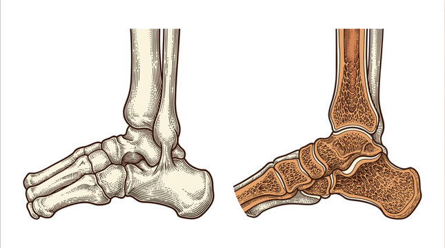 Anatomical illustration showcasing the skeletal structure of the human foot and ankle from lateral views, highlighting bones and joints.