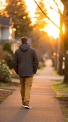 Obraz premium A person walking down a sunlit suburban sidewalk, framed by trees and houses, enjoying the evening
