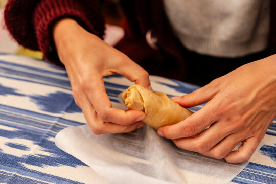kneading sourdough for typical Mallorcan sailor biscuits, Manacor, Mallorca, Balearic Islands, Spain