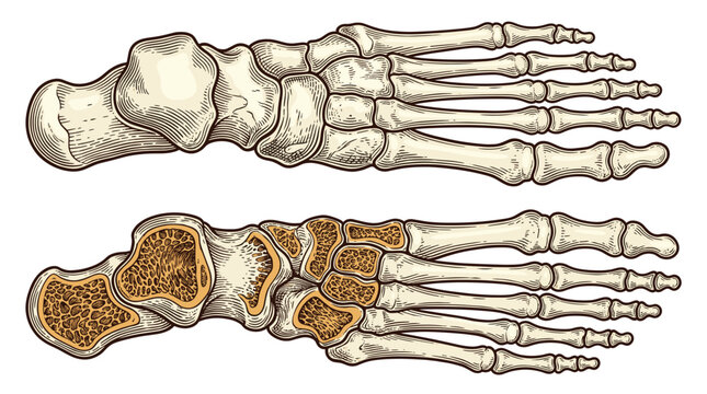 Anatomical illustration showcasing the dorsal and plantar views of the human foot bones, highlighting tarsals, metatarsals, and phalanges.