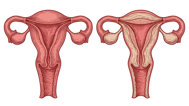 Comparison of a healthy uterus and a uterus affected by uterine fibroids, illustrating their growth and impact on the uterine lining.