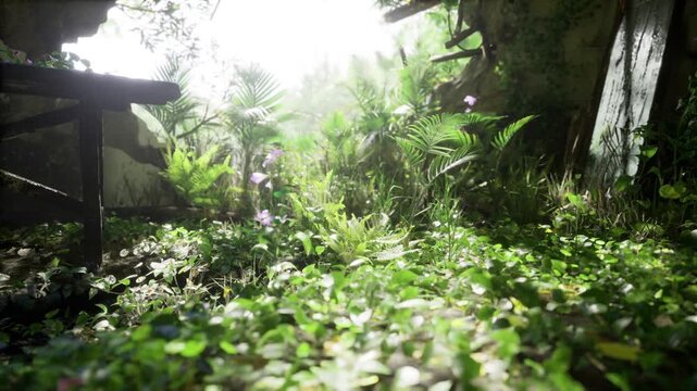 Sunlit clover carpeting ruined cabin floor, dew sparkling, moss filling cracks, broken beams framing bright sky, warm golden glow, peaceful reclaimed space.