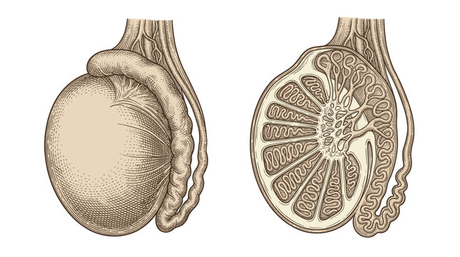 Anatomical illustration of the male testicle, showing an external view and a cross-section revealing internal structures like seminiferous tubules.