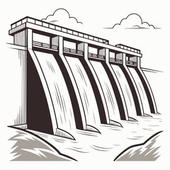 hydroelectric dam with cascading waterfalls and clouded sky high quality professional © megia