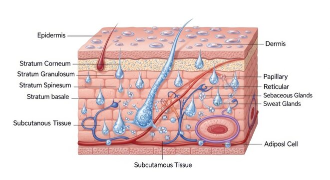 Detailed crosssection illustration of human skin layers and structures labeled