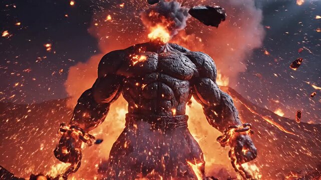 Powerful Fiery Stone Golem Unleashed in Explosive Lava Landscape Scene