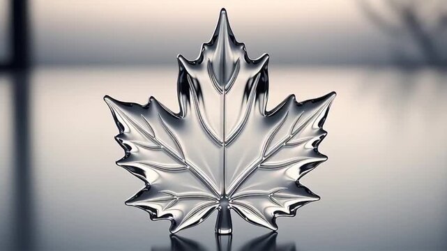 metallic maple leaf sculpture with reflective surface on blurred background