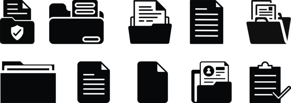 Document vector icon isolated vector graphic. Paper document page icon vector element. Agreement file symbol.Set of folders vector icons. Black linear open folder. Folder for storage document and file