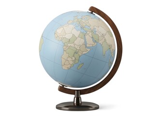 Naklejka premium A globe sits on a desk showing continents and countries. It is used for teaching geography and understanding world locations. This scene can inspire learning and curiosity