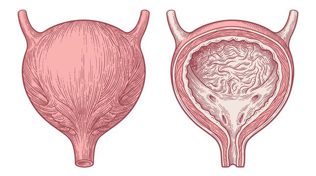 Anatomical illustration of the human urinary bladder, showing both an external view and a cross-section revealing its internal structure and rugae.