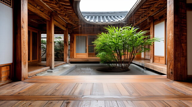 The courtyard (Madang) and main hall (Daecheongmaru) of a Hanok, with green plants situated in the center. The scene of rain falling. Korean Architectural Culture.