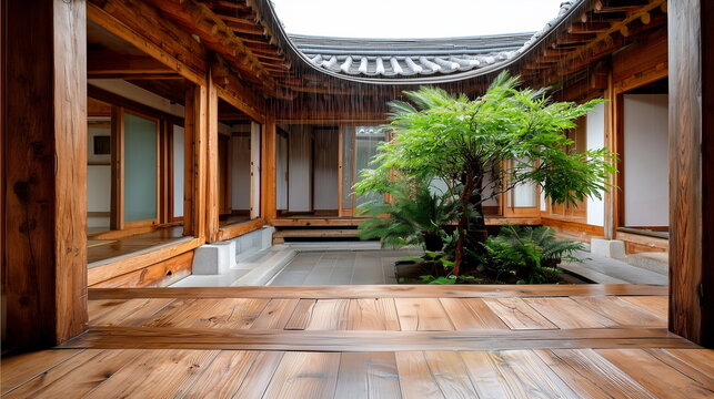 The courtyard (Madang) and main hall (Daecheongmaru) of a Hanok, with green plants situated in the center. The scene of rain falling. Korean Architectural Culture.