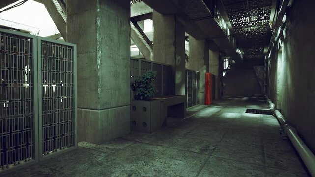 Dim industrial tunnel leading to red door, concrete pillars and planters lining the walkway, grated ceiling casting patterned shadows, wet floor patches