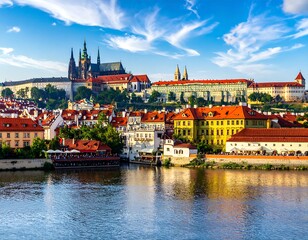 Obraz premium Sunny day view of a historic city with ornate buildings and a river