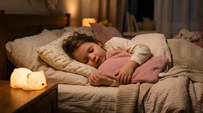 A young child lays in bed under soft blankets with a small pillow. A nightlight glows nearby, creating a warm feel in the cozy room at night