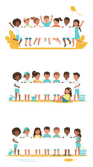 Fototapeta premium Diverse group of happy children of various ethnicities holding a blank banner on a sunny day, celebrating childhood and unity.