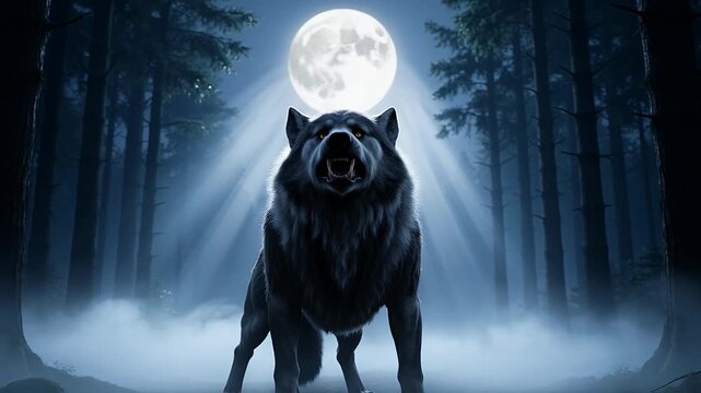 Majestic Black Wolf Howling at Full Moon in Misty Forest