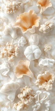 Unique Organic Textures of Varied Sea Shells and Beige Fungi Specimens for Design and Decoration