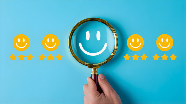 Customer satisfaction rating with a magnifying glass over a happy face and five stars, signifying excellent service and positive feedback