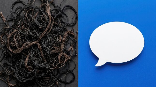 Tangled thread and speech bubble, communication concept illustration on blue.