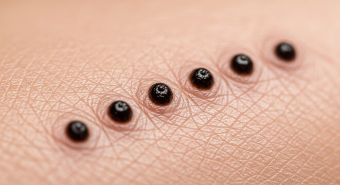 Closeup of skin with several moles or warts on surface