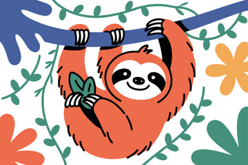 Obraz premium Cute sloth hanging from branch, holding green leaves, surrounded by flowers and foliage, jungle animal art.