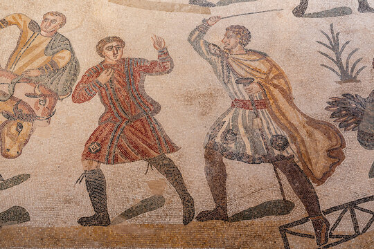 punished slave, ambulatory of the great hunt, mosaics, Roman Villa of Casale, Piazza Armerina, Sicily, Italy, Europe