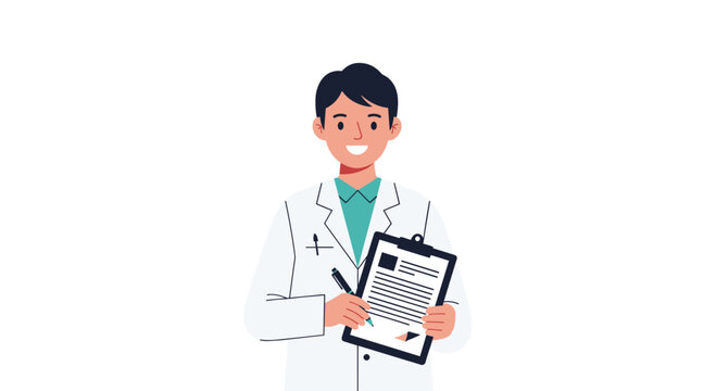 A smiling male doctor in a white lab coat holding a clipboard and pen while standing against a pristine white background in a professional setting.