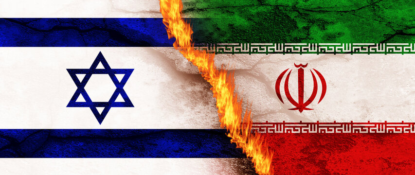 Flags of iran and israel amidst flames symbolizing complex middle eastern geopolitics and tensions, Tension between israel and iran flags on fire. not ai