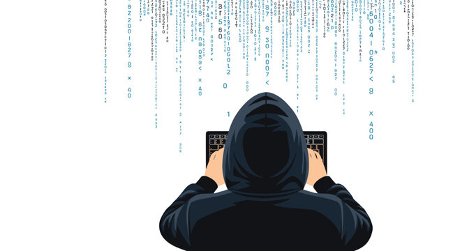 A person in a black hoodie is seen from behind typing on a keyboard with blue digital code falling from above against a white background.