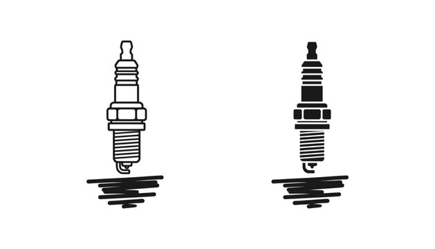 Automotive spark plug icon set featuring outline and black solid variations for car repair shop and engine maintenance service branding