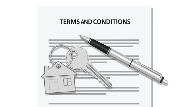 A document titled 'TERMS AND CONDITIONS' lies on a surface with a black and silver pen and a house-shaped keychain with silver keys over it.