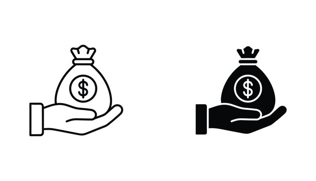 Hand holding money bag with dollar sign icon set in outline and solid black style for financial banking and investment services graphics