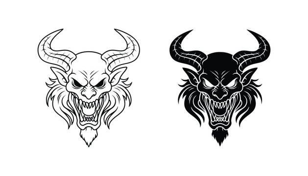 Devil demon head mascot logo design with sharp horns and aggressive expression in outline and solid black vector styles for gaming or sports branding