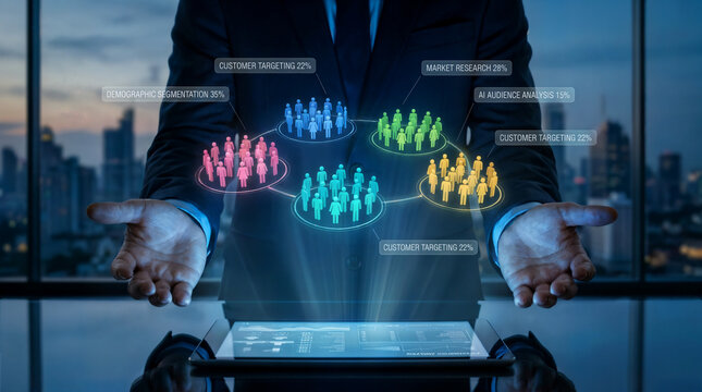 Cluster analysis in marketing and statistical data. Customer segmentation strategy. Marketer analyzing the target market.