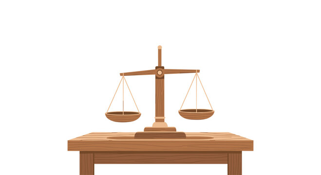 A traditional wooden scale of justice with two hanging bowls sits centrally on a sturdy wooden table against white.
