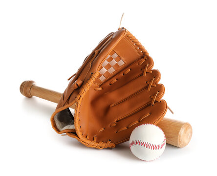 Baseball glove, bat and ball isolated on white background
