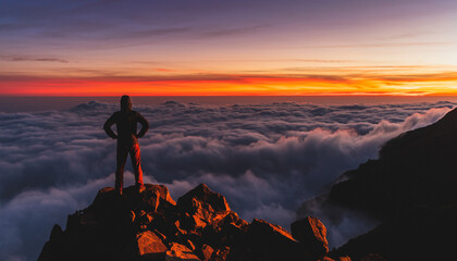 Obraz premium Person standing on mountain peak watching sunrise over clouds.