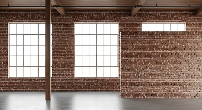 Spacious industrial loft interior with exposed brick walls large windows and wooden beams a blank canvas for creative design and renovation projects